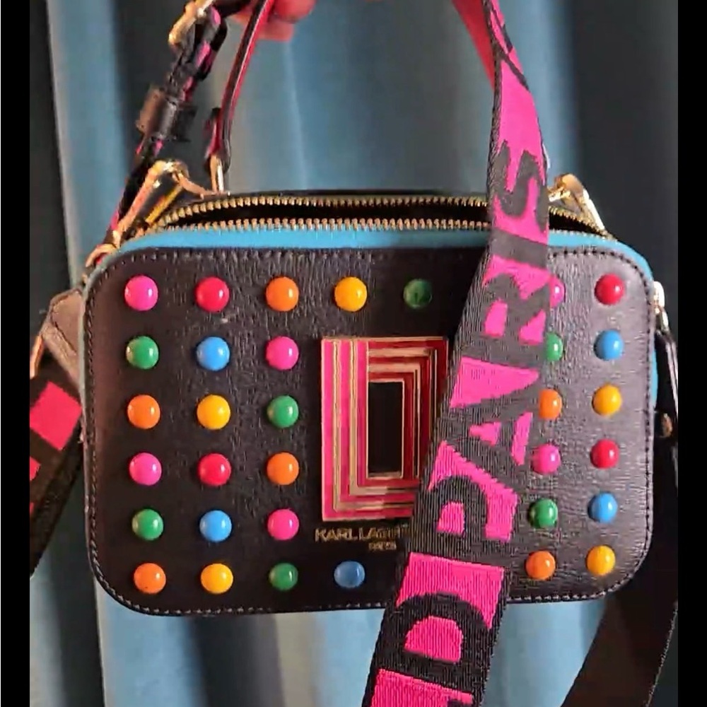 NWT Karl Lagerfeld Black Crossbody Bag with Multicolor Studs